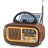 PRUNUS J-150 Radio Vintage Retro FM/Am/SW, Radio Portatil Pequeña Recargable de 1200mAh, o Funciona con 2 Pilas D, con Panel Solar, Transistores...